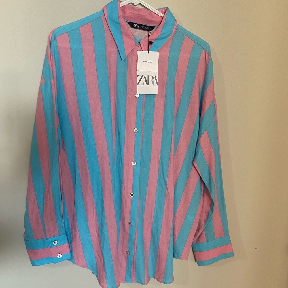 Zara Blue and Pink Striped Button Up Shirt